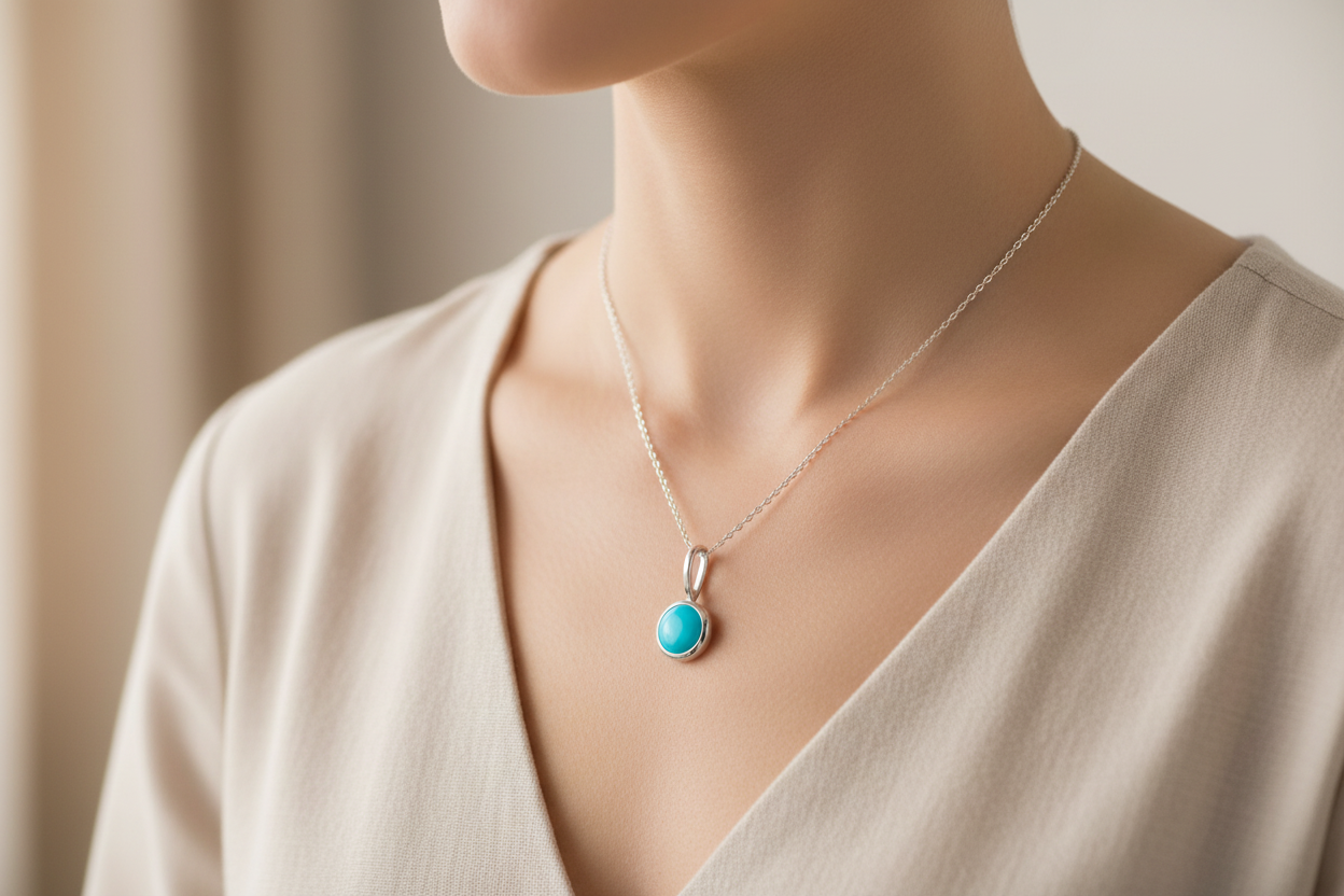 Round Turquoise Pendant — Sterling Silver