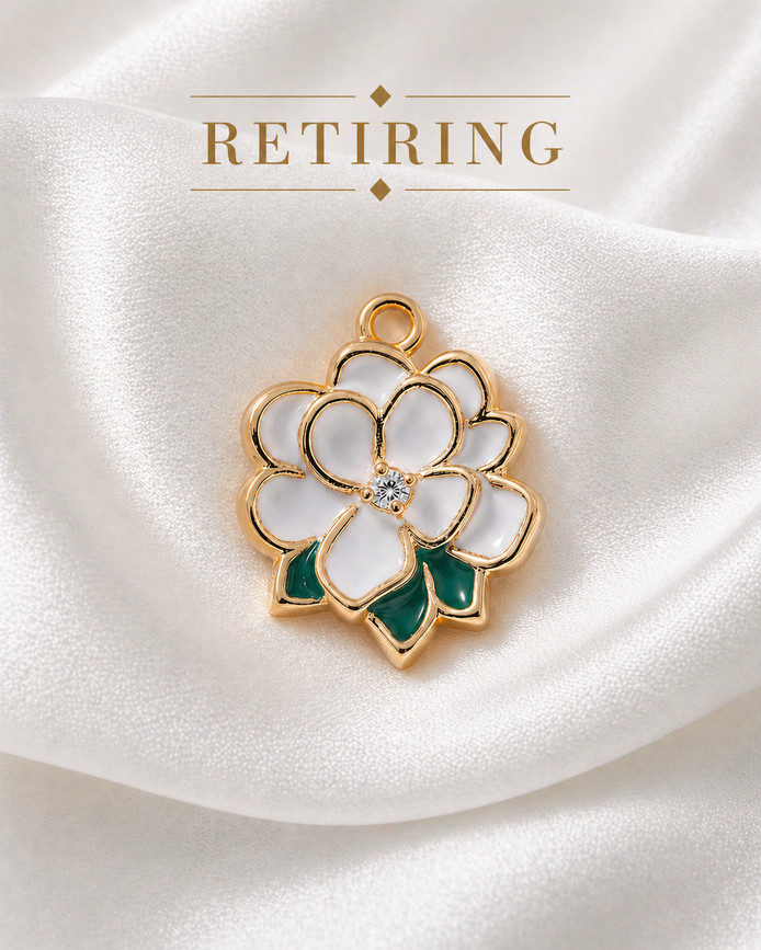 Diamond Magnolia Enamel Dangle — 14K Yellow Gold