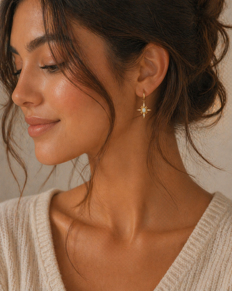 Natural White Opal & .05 CTW Natural Diamond Star Earring Charm — 14K Yellow Gold