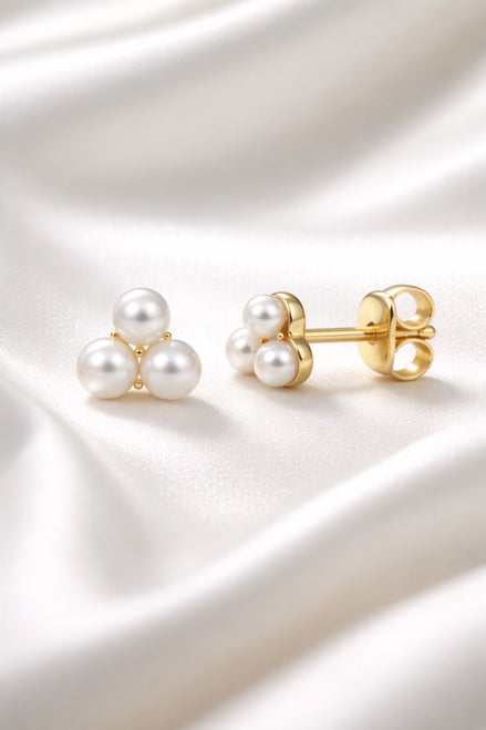 Pearl Trio Stud Earrings — 14K Yellow Gold