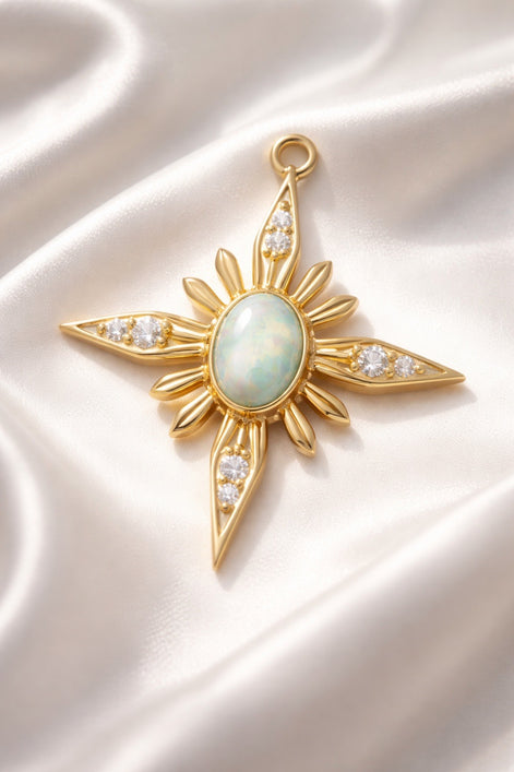 Natural White Opal & .05 CTW Natural Diamond Star Earring Charm — 14K Yellow Gold