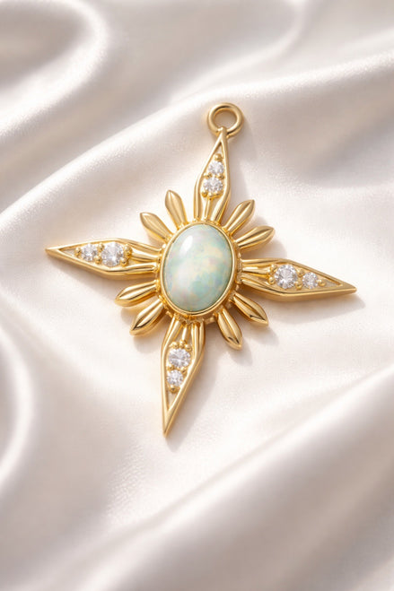Natural White Opal & .05 CTW Natural Diamond Star Earring Charm — 14K Yellow Gold