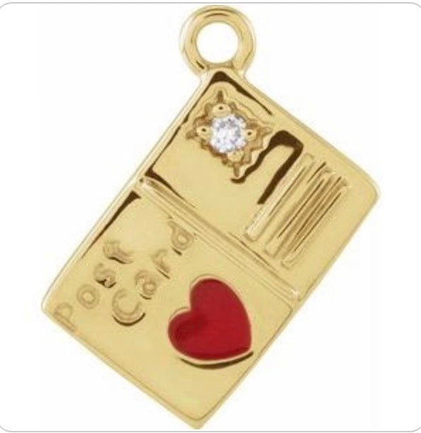 Diamond Heart Enamel Postcard Dangle — 14K Yellow Gold