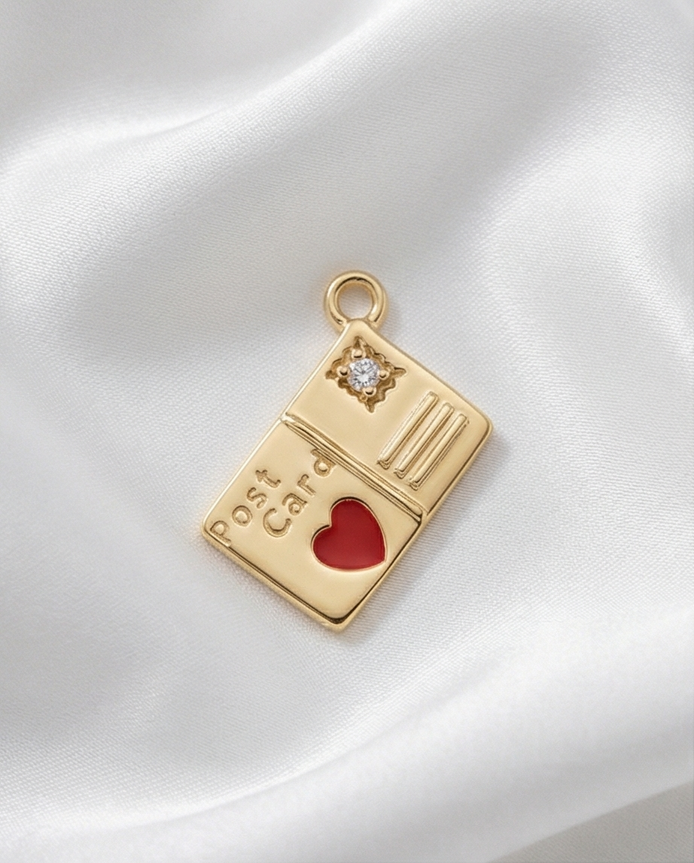Diamond Heart Enamel Postcard Dangle — 14K Yellow Gold
