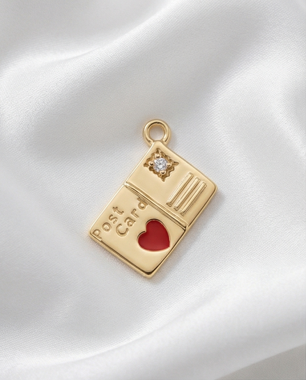 Diamond Heart Enamel Postcard Dangle — 14K Yellow Gold