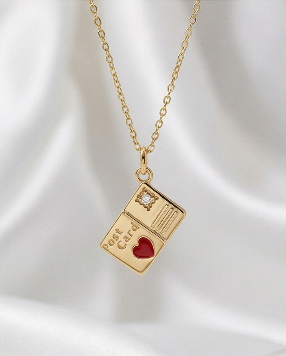 Diamond Heart Enamel Postcard Dangle — 14K Yellow Gold