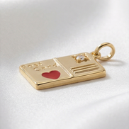Diamond Heart Enamel Postcard Dangle — 14K Yellow Gold
