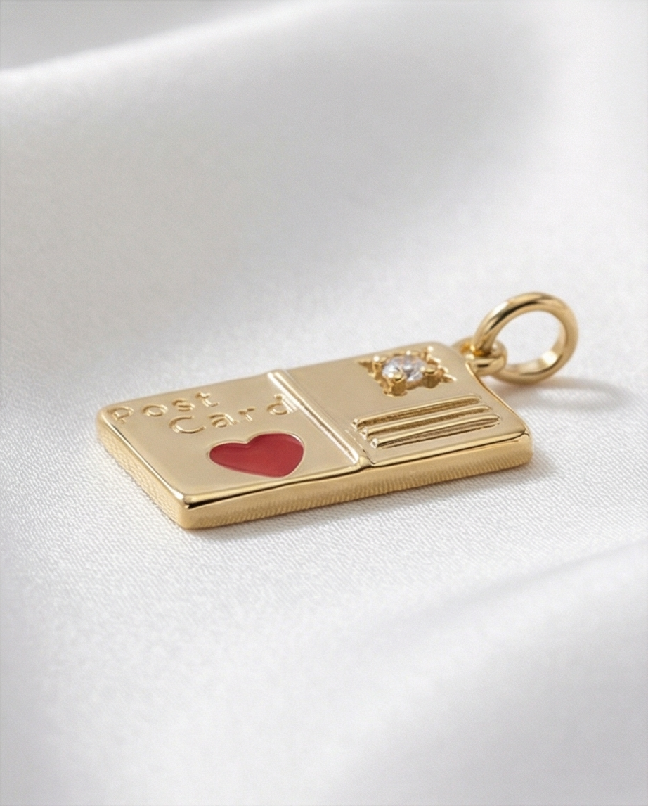 Diamond Heart Enamel Postcard Dangle — 14K Yellow Gold