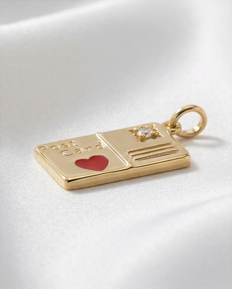 Diamond Heart Enamel Postcard Dangle — 14K Yellow Gold