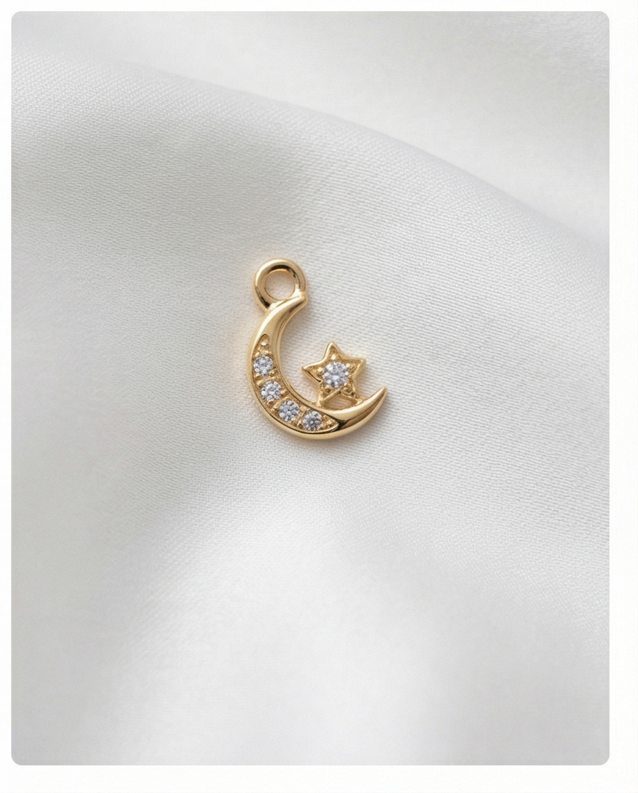 Diamond Moon & Star Dangle — 14K Yellow Gold