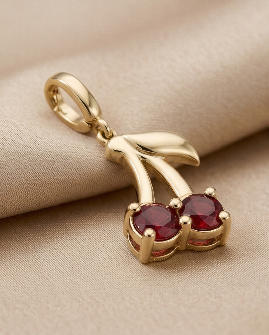 Mozambique Garnet Cherry Charm — 14K Yellow Gold