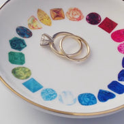 Circle of Rainbow Gemstones Porcelain Jewelry Dish with Gold Trim