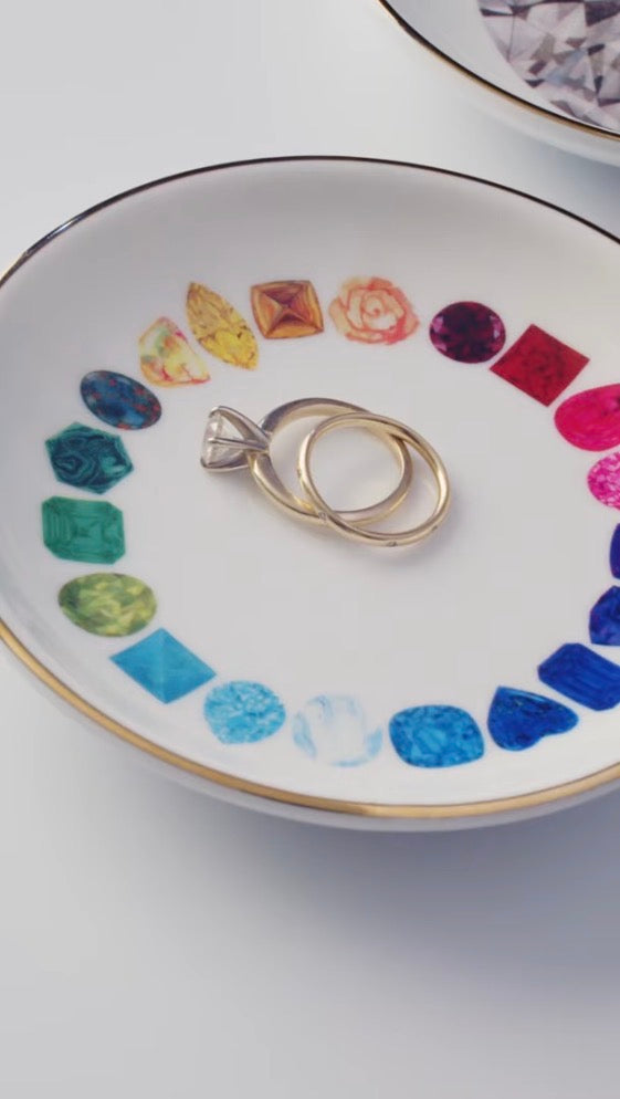 Circle of Rainbow Gemstones Porcelain Jewelry Dish with Gold Trim