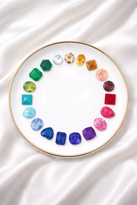 Circle of Rainbow Gemstones Porcelain Jewelry Dish with Gold Trim