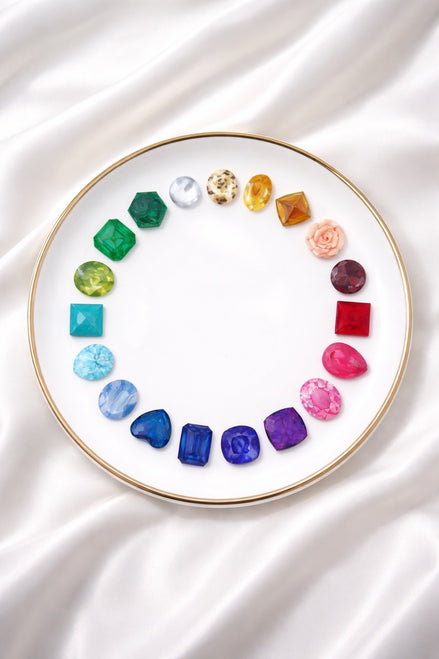 Circle of Rainbow Gemstones Porcelain Jewelry Dish with Gold Trim