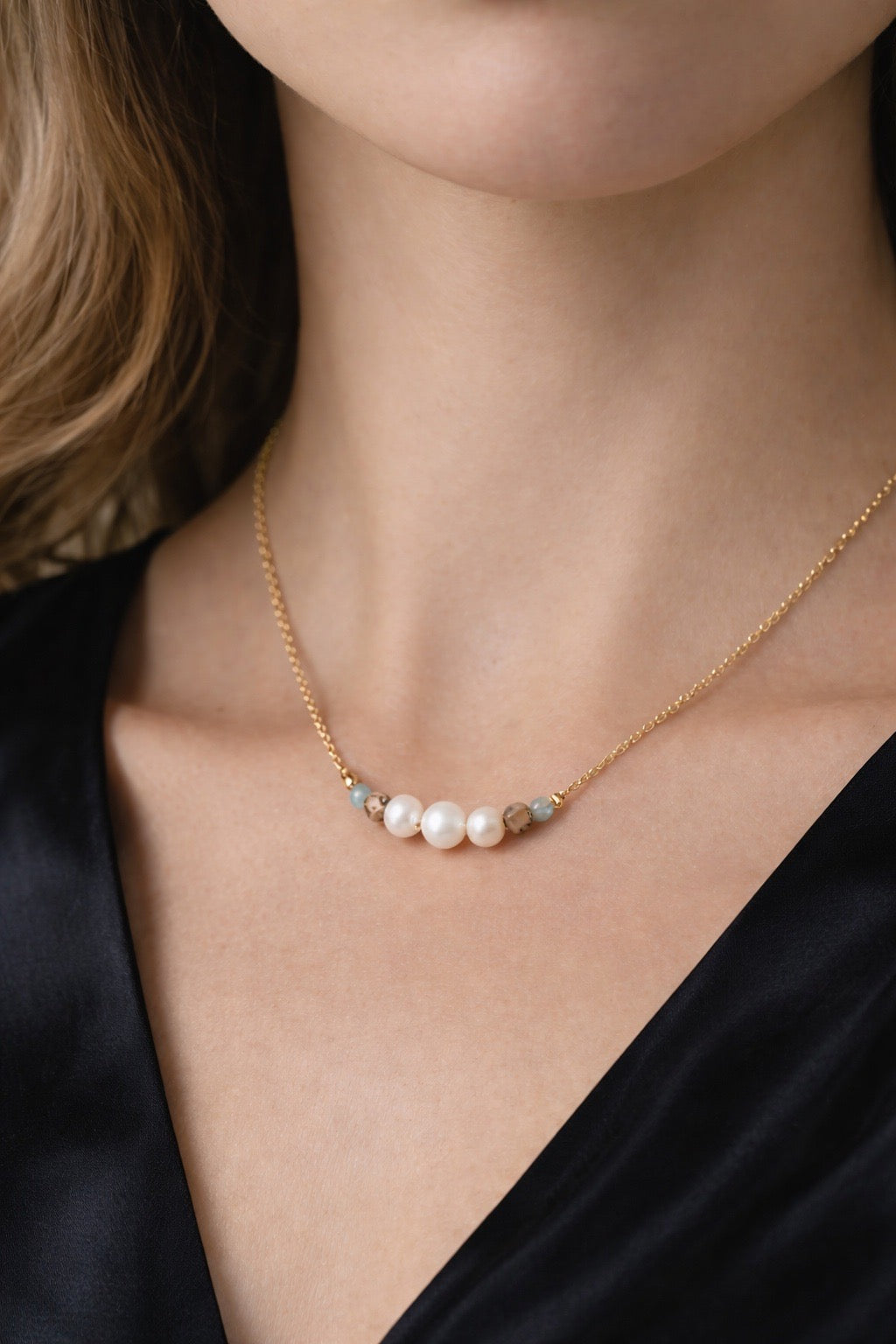 Argentinian Blue Calcite & Pearl Necklace — 14K Gold-Filled